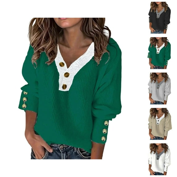 Pullover Sweaters for Women 2025 Long Sleeve V Neck Button Color Block Oversized Knitted Sweater Tops Fall Winter Outfits