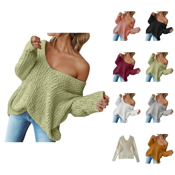Pullover Sweaters for Women 2025 Long Sleeve V Neck Oversized Plain Knitted Sweater Jumper Tops Fall Outfits