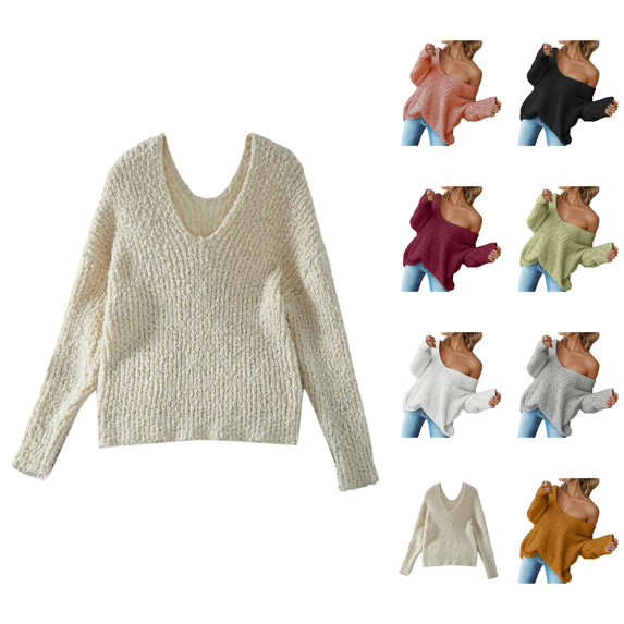 Pullover Sweaters for Women 2025 Long Sleeve V Neck Oversized Plain Knitted Sweater Jumper Tops Fall Outfits