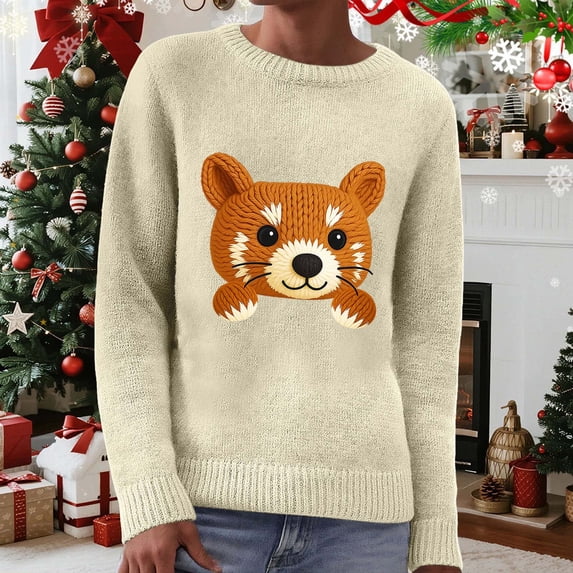 Pullover Sweaters for Women Crew Neck Long Sleeve Sweater Cute Animal Graphic Knit Pullover for Daily