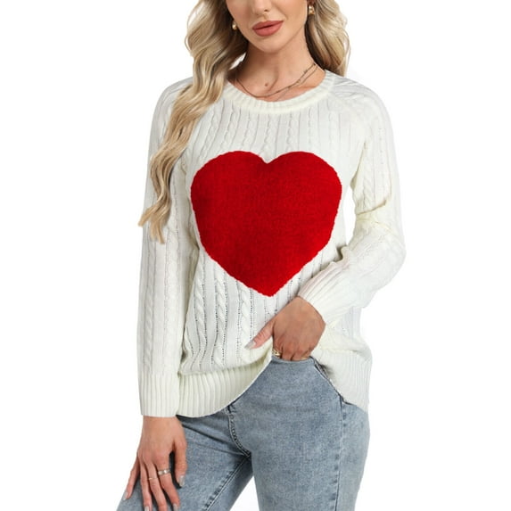 Pullover Sweaters for Women Cute Heart Print Valentines Day Cable Knitted Sweaters Crewneck Fall Winter Warm Long Sleeve Jumper Tops Alsol Lamesa