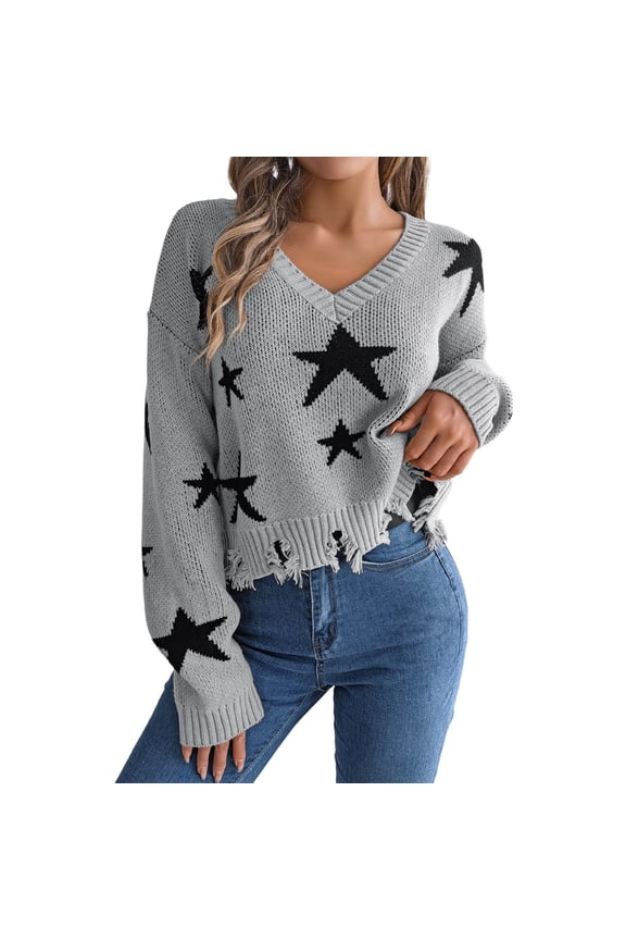 Pullover Sweaters for Women Eye Catching Star Print V Neck Long Sleeve Distressed Knit Sweater Casual Trendy Autumn Winter Top