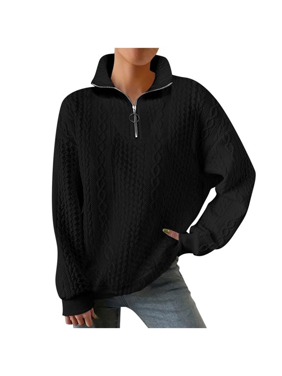 Pullover Sweaters for Women Fall Comfy Neck Long Sleeve Blouson Cold Shoulder Half Zip Plain Leisure Cotton Top Tops(Black,XL)