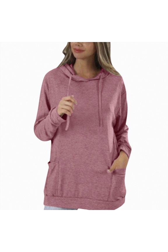 Pullover Sweaters for Women Fall Loose Hooded Long-sleeved Mitten-Cuff One Shoulder Drawstring Solid Color Leisure Cotton Hoodies Sweatshirt(Pink,M)