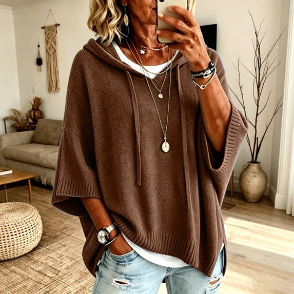 Pullover Sweaters for Women Hooded Side Slit Knitted 3/4 Batwing Sleeve Sweater Drawstring Trendy Fall Winter Clothes Brown XXL