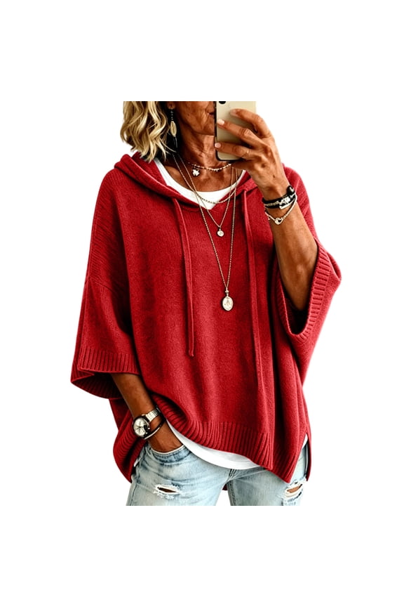 Pullover Sweaters for Women Hooded Side Slit Ribbed 3/4 Sleeve Sweaters Drawstring, Batwing Sleeve 2026 Comfy Fashion Trendy