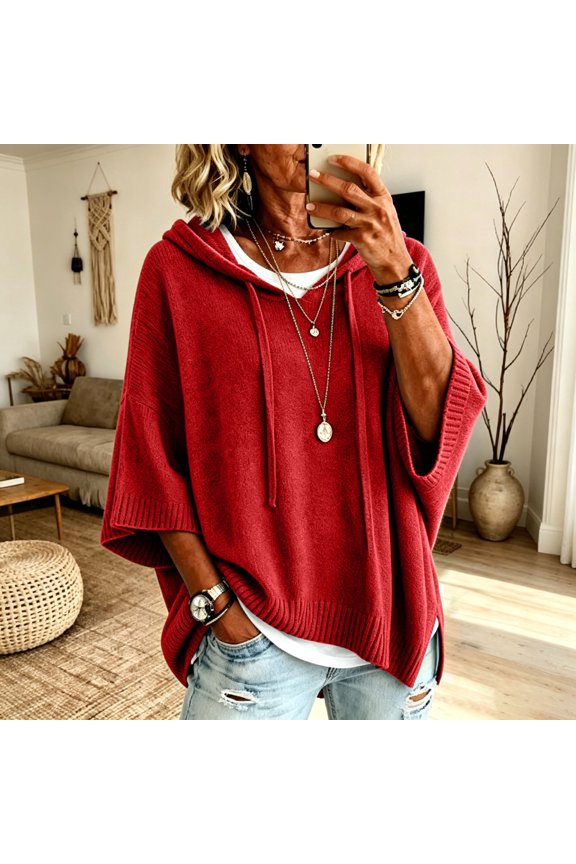 Pullover Sweaters for Women Hooded Side Slit Ribbed 3/4 Sleeve Sweaters Drawstring, Batwing Sleeve 2026 Comfy Fashion Trendy