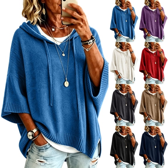 Pullover Sweaters for Women Hooded Side Slit Ribbed 3/4 Sleeve Sweaters Ribbed Knitted Drawstring Batwing Sleeve Soft and Comfort Drop Shoulder