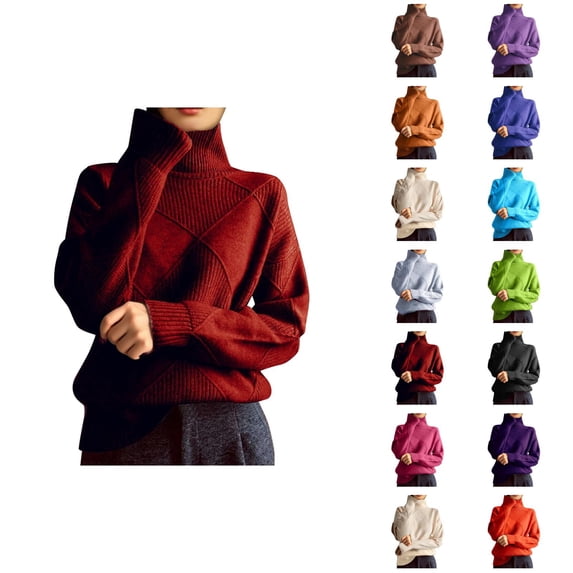 Pullover Sweaters for Women Long Sleeve Loose Casual Textured Knit Turtleneck Sweater Fall Winter Tops