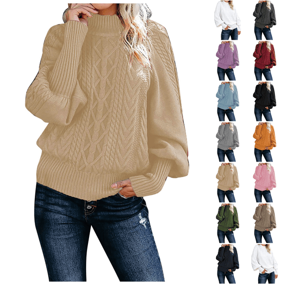 Pullover Sweaters for Women Oversized Crewneck Cable Knit Sweaters Fall Fashion Beige M
