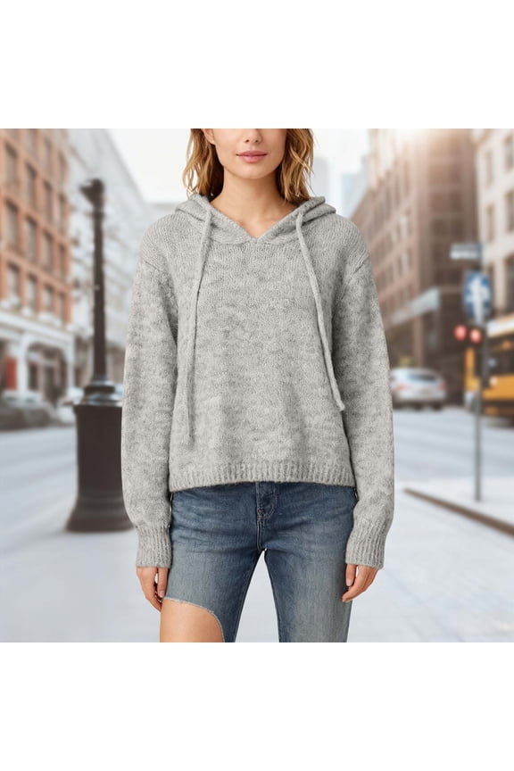 Pullover Sweaters for Women Solid Color Long Sleeve Loose Hooded Knit Pullover Casual Warm Fall Winter Versatile Essential Top Light Gray One Size