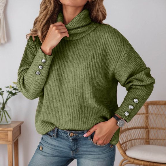 Pullover Sweaters for Women Solid Color Scarf Collar Long Sleeve Pullover Sweater Top Button Detail Knitted Fall Winter Warm Casual Blouse Tunic