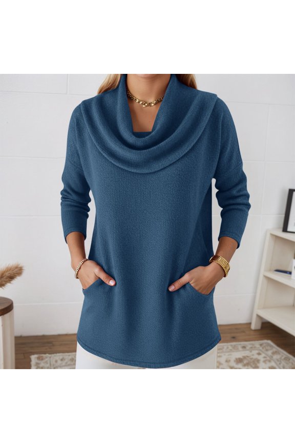 Pullover Sweaters for Women Solid Color Stacked Collar Long Sleeve Knit Pullover with Pockets Loose Comfortable Daily Versatile Top Blue L