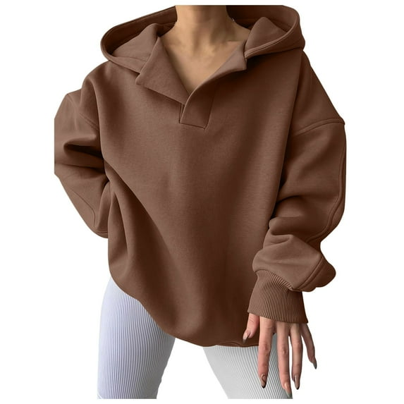 Hoodie Women Trendy Fall Loose Fit Hooded Long Sleeve Rolled Drop Shoulder Zipperless Plain Leisure Flannel Top Tops(Brown,L)