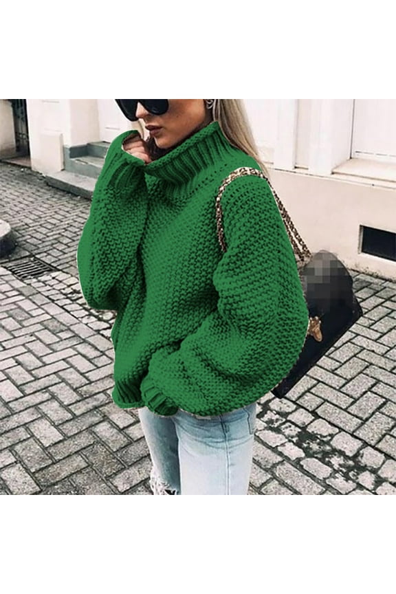 Pullover Sweaters for Women Turtleneck Long Sleeves Casual Solid Knitting Pullover Sweater Green 2XL