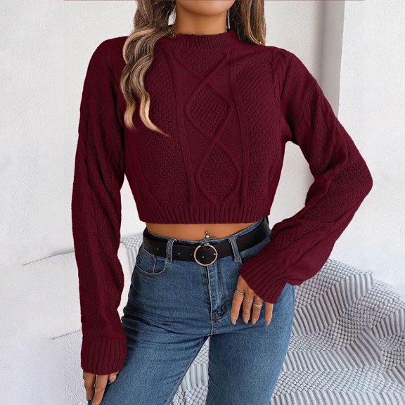Pullover Sweaters for Women Women's Cropped Sweater Casual Long Sleeve Cable Knit Pullovers Fall and Winter Fashion Sweater Jumper Tops