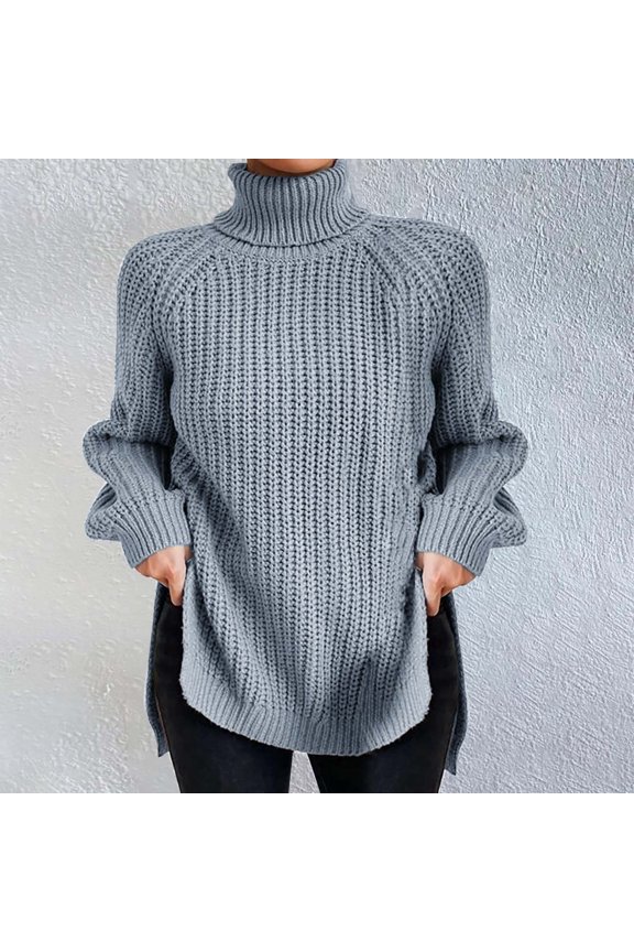 Pullover Sweaters for Women Women's Fashion High Neck Solid Color Pullover Knit Sweater with Split Hem and Sleeves