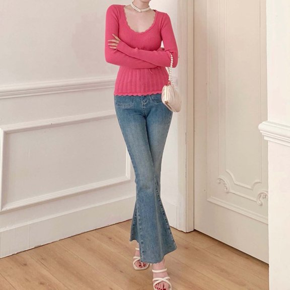 Pullover Sweaters for Women Women's Winter High Cotton Solid Color V Neck Collarbone Fine Jacquard Hollow Lace Design Knitted Top