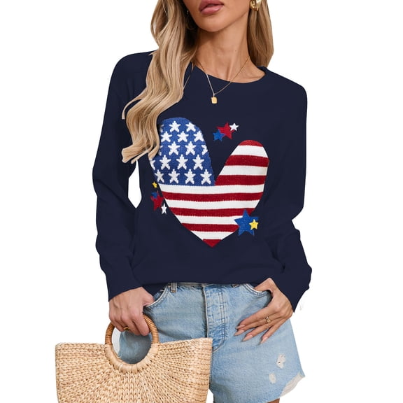 Pullover Sweaters for Women Y2K American Flag Independence Day Crewneck Fall Winter Knitted Stried Sweaters Warm Long Sleeve Jumper Tops Alsol Lamesa