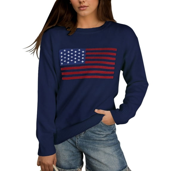 Pullover Sweaters for Women Y2K American Flag Independence Day Crewneck Fall Winter Knitted Stried Sweaters Warm Long Sleeve Jumper Tops Alsol Lamesa