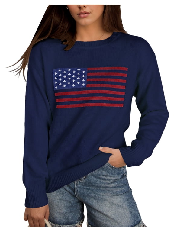 Pullover Sweaters for Women Y2K American Flag Independence Day Crewneck Fall Winter Knitted Stried Sweaters Warm Long Sleeve Jumper Tops Alsol Lamesa