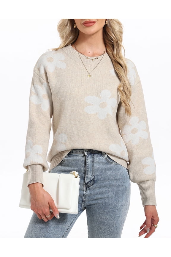 Pullover Sweaters for Women Y2K Cute Flower Floral Print Crewneck Fall Winter Knitted Sweaters Warm Long Sleeve Jumper Tops Alsol Lamesa