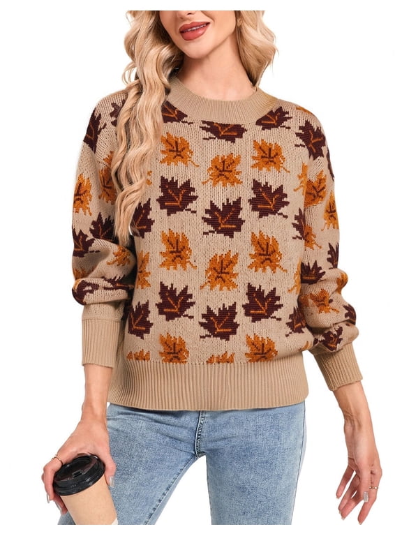 Pullover Sweaters for Women Y2K Maple Leaves Print Crewneck Fall Winter Halloween Knitted Sweaters Warm Long Sleeve Jumper Tops Alsol Lamesa