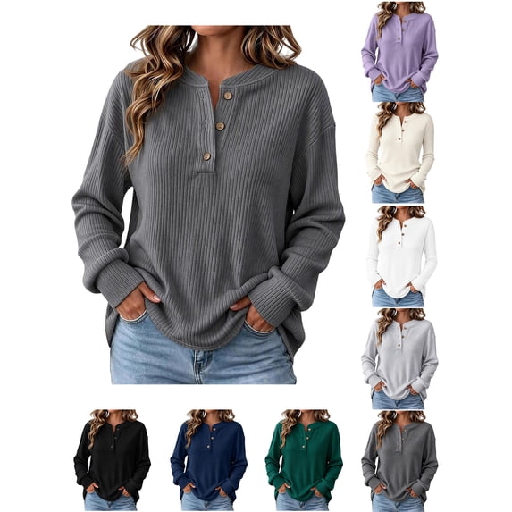 Pullover Sweaters for Women Zaewscy Women's Henley Neck Button Ribbed Knit Long Sleeve Loose Pullover Sweater Dark Gray XXXL