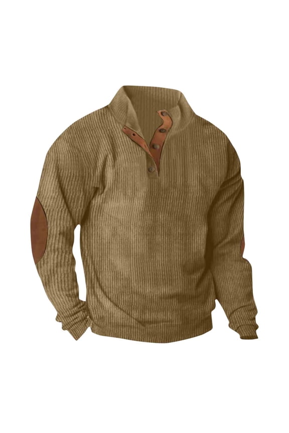Pullover Sweatshirt for Men,Men's Corduroy Sweatshirts Vintage Button Henley Neck Pullover Casual Long Sleeve Stand Collar Shirts Elbow Patches