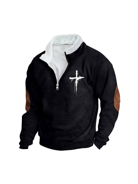 Pullover Sweatshirt for Men,Mens Fleece Quarter-Zip Collar Cross Jesus Christ Christians Muscle Sweatshirt Elbow Patch Long Sleeve Tops Sweater