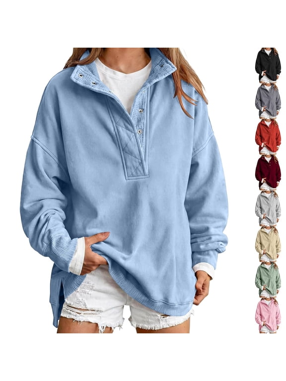 Pullover Sweatshirt for Women Henley Neck Snap Collar Long Sleeve Top Casual Fall Winter Solid Color Loose Fit Fashion Shirt Sky Blue S