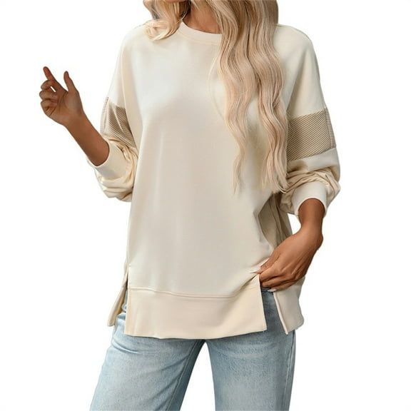 Pullover Sweatshirts for Women, Comdrip Women's Casual Oversized Sweatshirt Crew Neck Loose Pullover Tops Side Slit Oversized Sweatshirt for Women Beige S