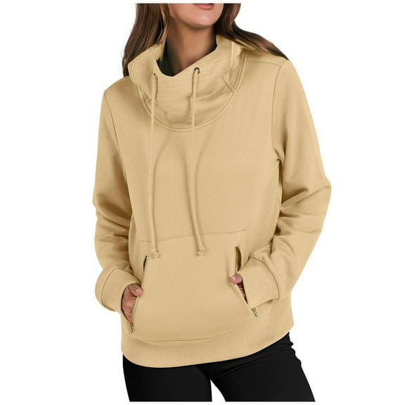 Pullover Sweatshirts for Women High Neck Side Zipper Pockets Long Sleeve Hoodies Drawstring Solid Color Oversized Warm Blouse 2025 Fall Trendy Outfits