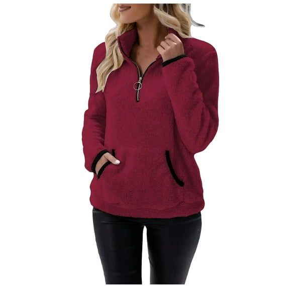 Pullover Sweatshirts for Women Plus Size Fall Winter Loose Fit Zip Neck Long-sleeved Bubble Off the Shoulder Zipper Solid Color Hoodie Flannel Outerwear Sweatshirt(RD2,L)