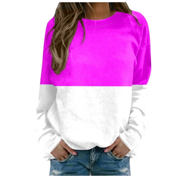 Pullover Sweatshirts for Women Trendy Winter Fall Relaxed Fit Crew Neck Long-sleeved Cap One Shoulder Colorblock Patchwork Cotton T Shirts Top(Hot Pink,S)