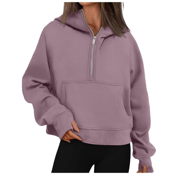 Pullover Sweatshirts for Women Trendy Winter Fall Relaxed Fit Hooded Long Sleeve Kimono Drop Shoulder Half Zip Solid Color Hoodie Cotton Sweatshirt(Light Purple,M)