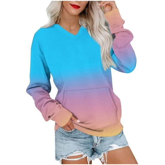 Pullover Sweatshirts Womens V Neck Gradient Color Trendy Hoodless Tops Loose Fit Casual Fall Winter Clothes (L, Sky Blue)