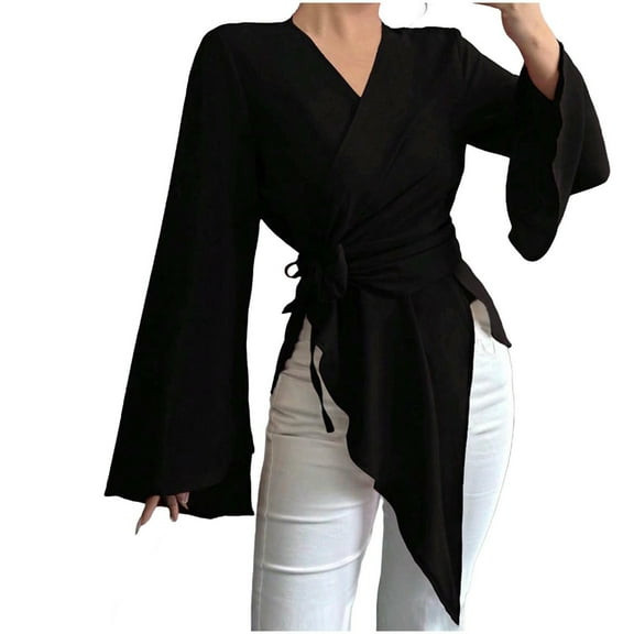 Pullover Sweatshirts for Women, Women's Wrap Tie Side Tops V Neck Bell Long Sleeve Asymmetrical Hem Elegant Dressy Blouse