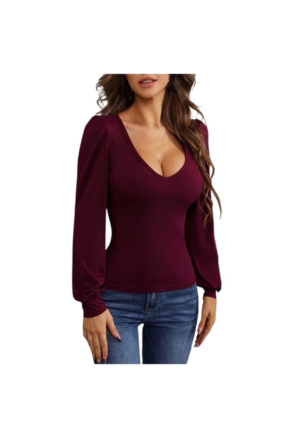 Pullover Sweatshirts for Women, Womes Lantern Long Sleeve Sweaters Sexy Deep V Neck Y2K Fitted Pullover Sweater 2025 Fall Casual Knit Crop Tops