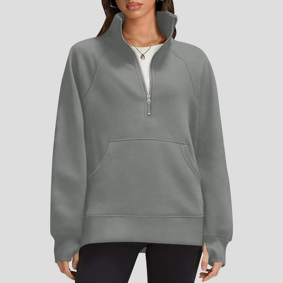 Pullover Sweatshirts for Women with Half Zipper Front Pocket Fleece Lined Long Sleeve Tops Ladies Casual Solid Loose Basic Sweatshirt