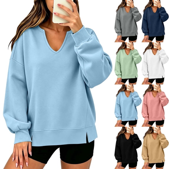 Pullover Top Women's Sweatshirt V Neck Oversized Drop Shoulder Long Sleeve Casual Basic Top With Side Split Hem.