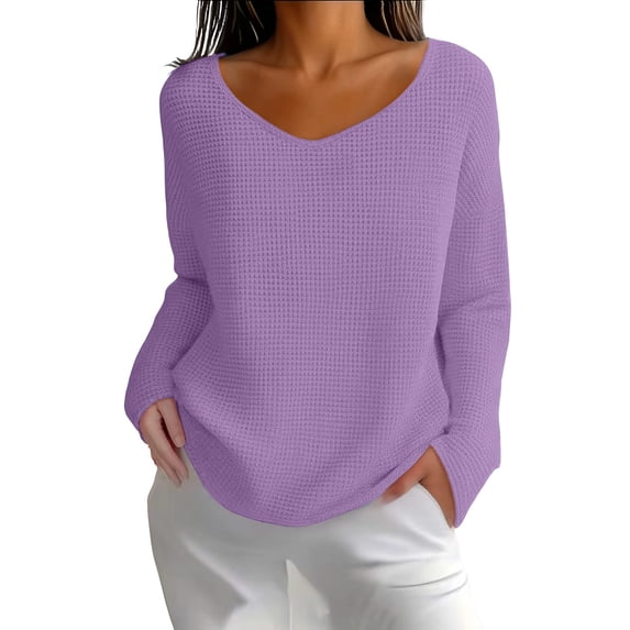 Pullover Tops for Women V Neck Long Sleeve T-Shirt Solid Color Casual Blouses for Fall Winter Daily