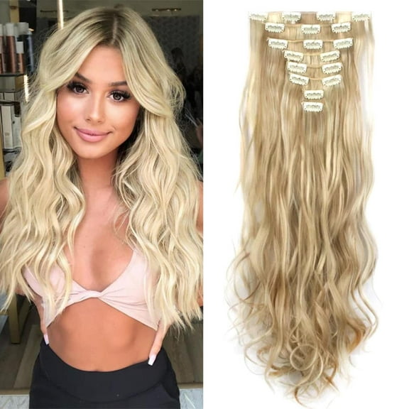 Pullover Toupee-22 Inch Wavy Curly Full Head Clip in on Double Weft Hair Extensions, Female Hair Extension with Fish Line, High Temperature Wireback to
