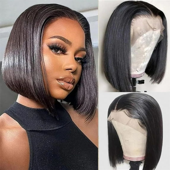 Pullover Toupee-Bob Wig Human Hair 13X4 Bob Lace Front Wigs Human Hair Pre Plucked with Baby Hair 180% Density Glueless Short Bob Wig Natural Black Color, Wig Black 10 Inch, Real