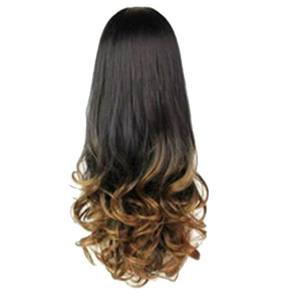 Pullover Toupee-European and American Wigs High Temperature Silk Female Gradient Color Half Headgear Long Curly Hair Fluffy Hair Full Headgear Fiber Hair, Black & Light Brown European and American