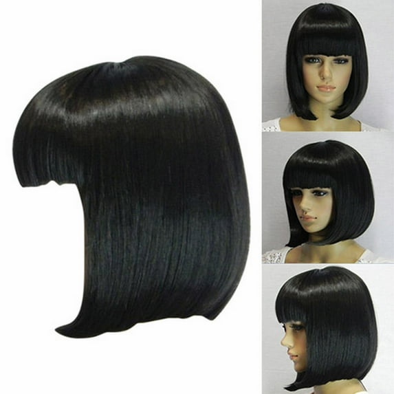 Pullover Toupee-Women'S Wig Black Fiber High Temperature African False Head Cover Human Hair Wig Glueless Lace Front Human Straight Hair, Bobo Head Wig Student Hair,