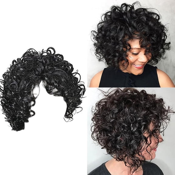 Pullover Toupee-Women'S Wig Black Small Curly Wavy Fiber High Temperature African False Head Cover Curly Human Hair Wig Glueless Lace Front Human Hair, Short Curly Hair Fluffy Black Small Curls,