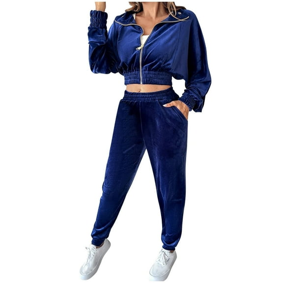 Pullover Tracksuit Set Women’s Tracksuit Set–2 Piece Slim Fitting Velour Velvet Casual Zip up Hoodie Cropped Jacket Sweatsuit and Sweatpants Set S-189 Blue L