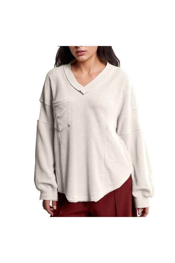 Pullover for Women Ribbed Knit V-Neck Long Sleeve Top Patchwork Pullover with Chest Pocket Cozy Casual Style