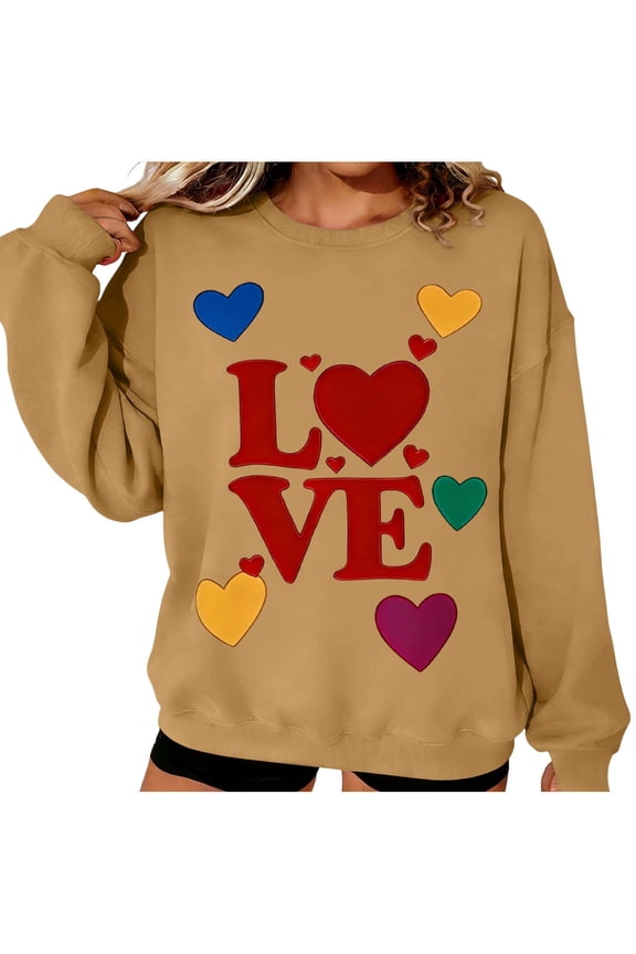 Pullovers Tops for Women Letter Love Heart Printed Sweatshirts Casual Crewneck Long Sleeve Cute Blouses Valentines Day Dating 2026 Fall Wear